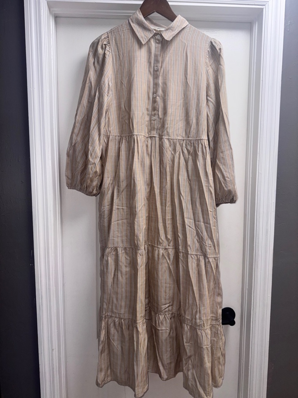 Max Studio Beige-Striped Tiered Maxi Dress